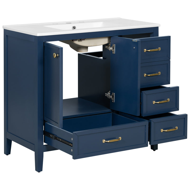 Elegant Vintage Bathroom Vanity With Sink And Soft Closing Door, 4 Drawers Of Different Sizes Frame