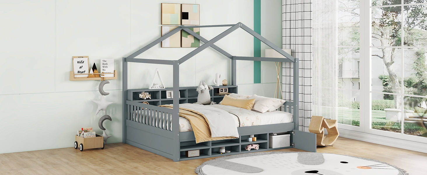 Full Size Wooden House Bed with Shelves and a Mini-cabinet, Gray - Atlantic Fine Furniture Melbourne FL