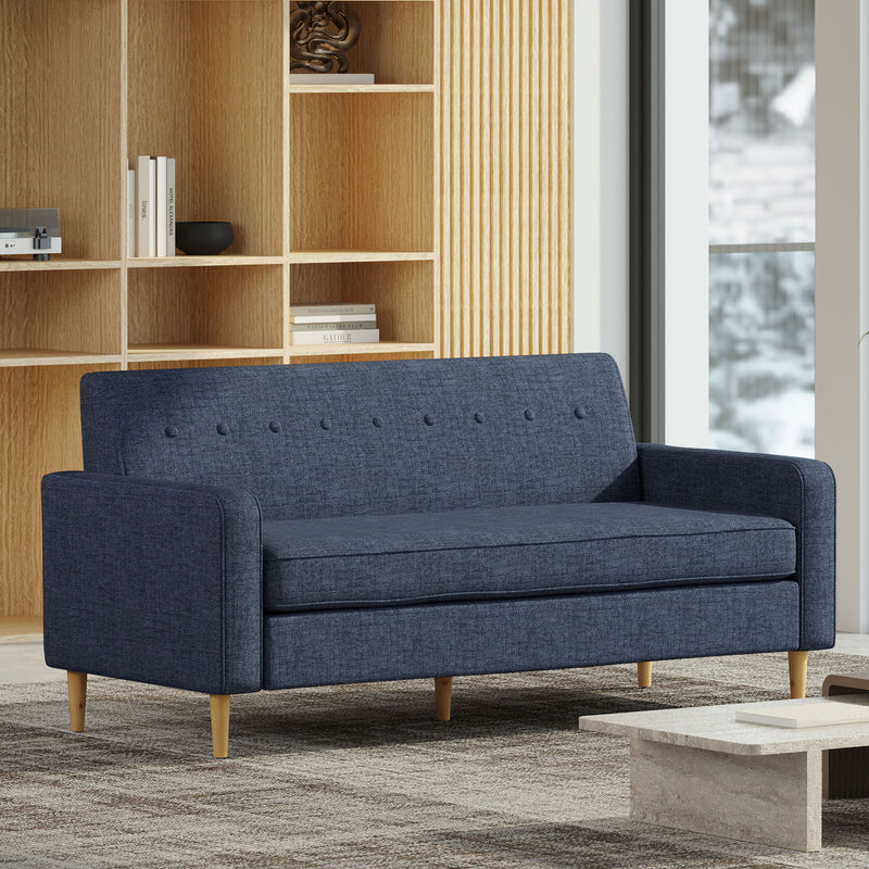 Mid Century Modern 3 Seater Sofa With Button Tufting - Dark Blue
