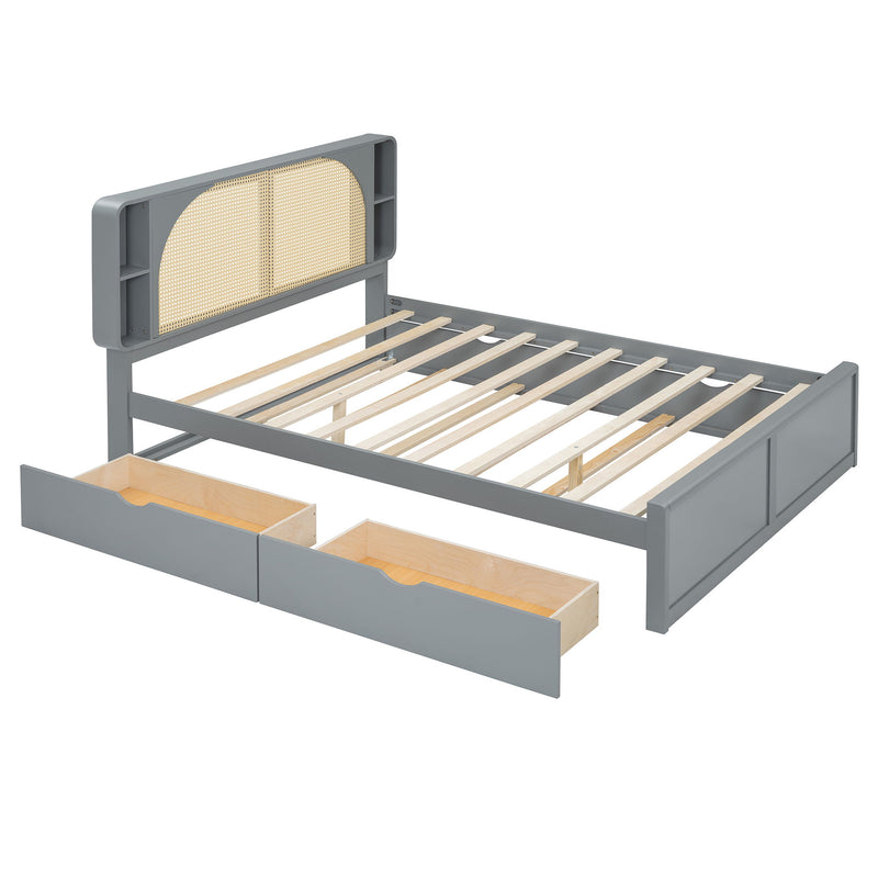 Rattan Headboard Bed With Two Drawers And Trundle