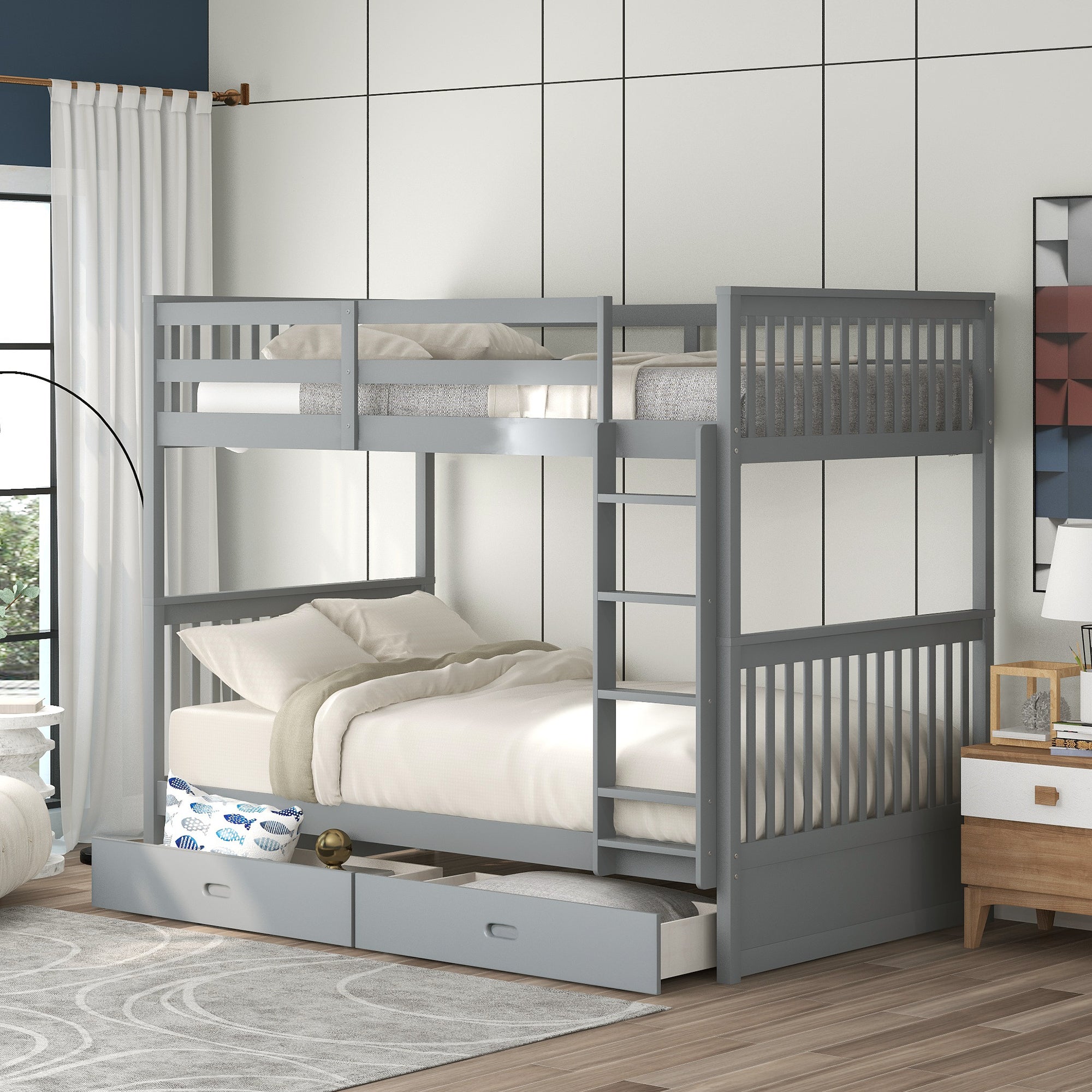 Twin-Over-Twin Bunk Bed with Ladders and Two Storage Drawers (Gray)(LT000265AAE) - Atlantic Fine Furniture Melbourne FL
