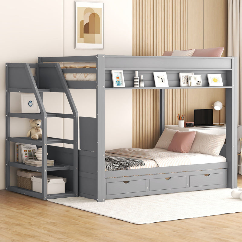 Wood Full Size Convertible Bunk Bed With Storage Staircase, Bedside Table, And 3 Drawers - Gray