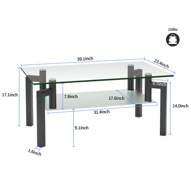 Rectangle Glass Coffee Table, Clear Coffee Table, Modern Side Center Tables For Living Room - Black