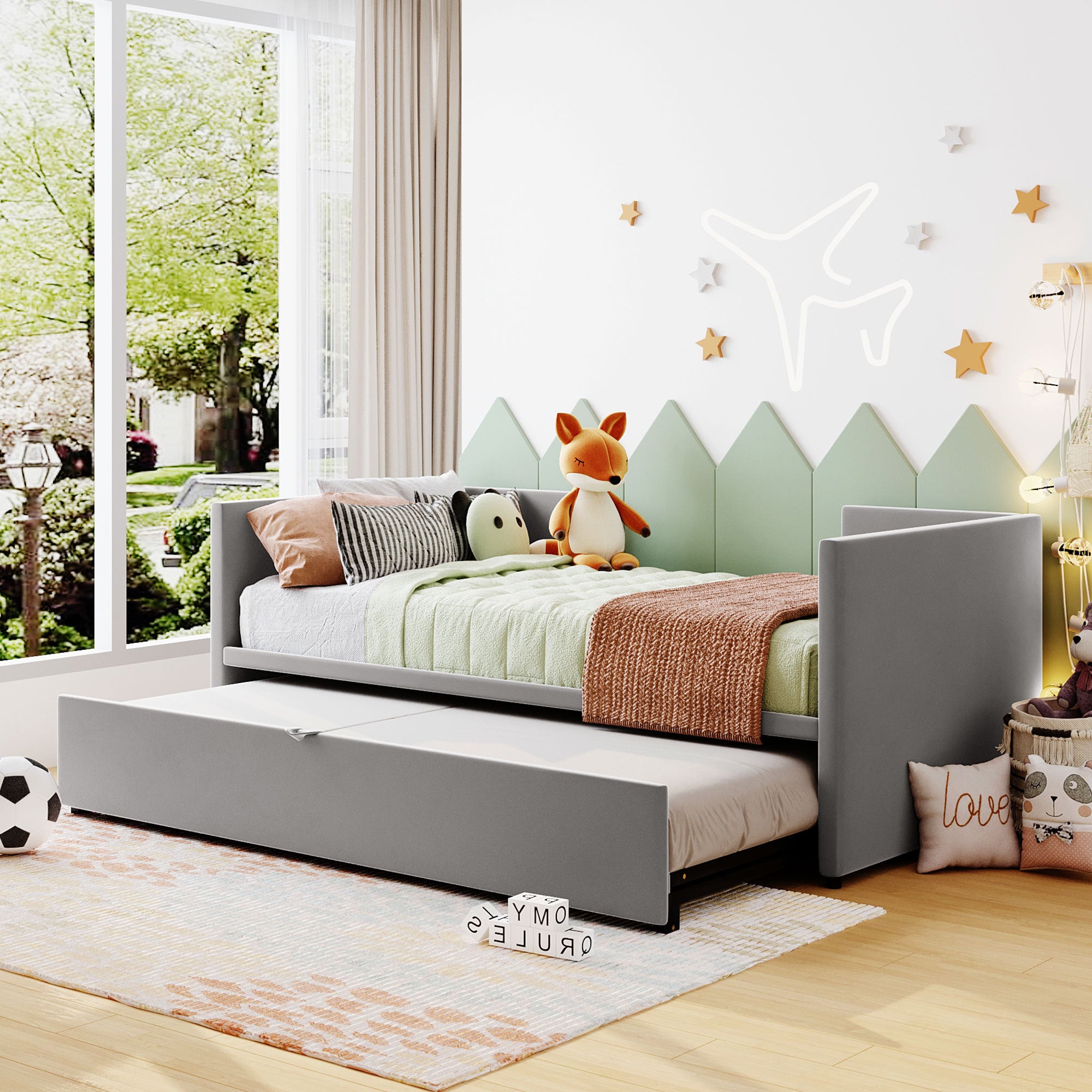 Twin Size Upholstered daybed with Pop Up Trundle, Gray - Atlantic Fine Furniture Melbourne FL