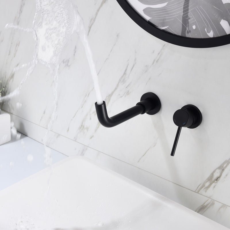 Modern Wall Mount Single Handle Bathroom Sink Faucet, Curved Spout - Matte Black Brass