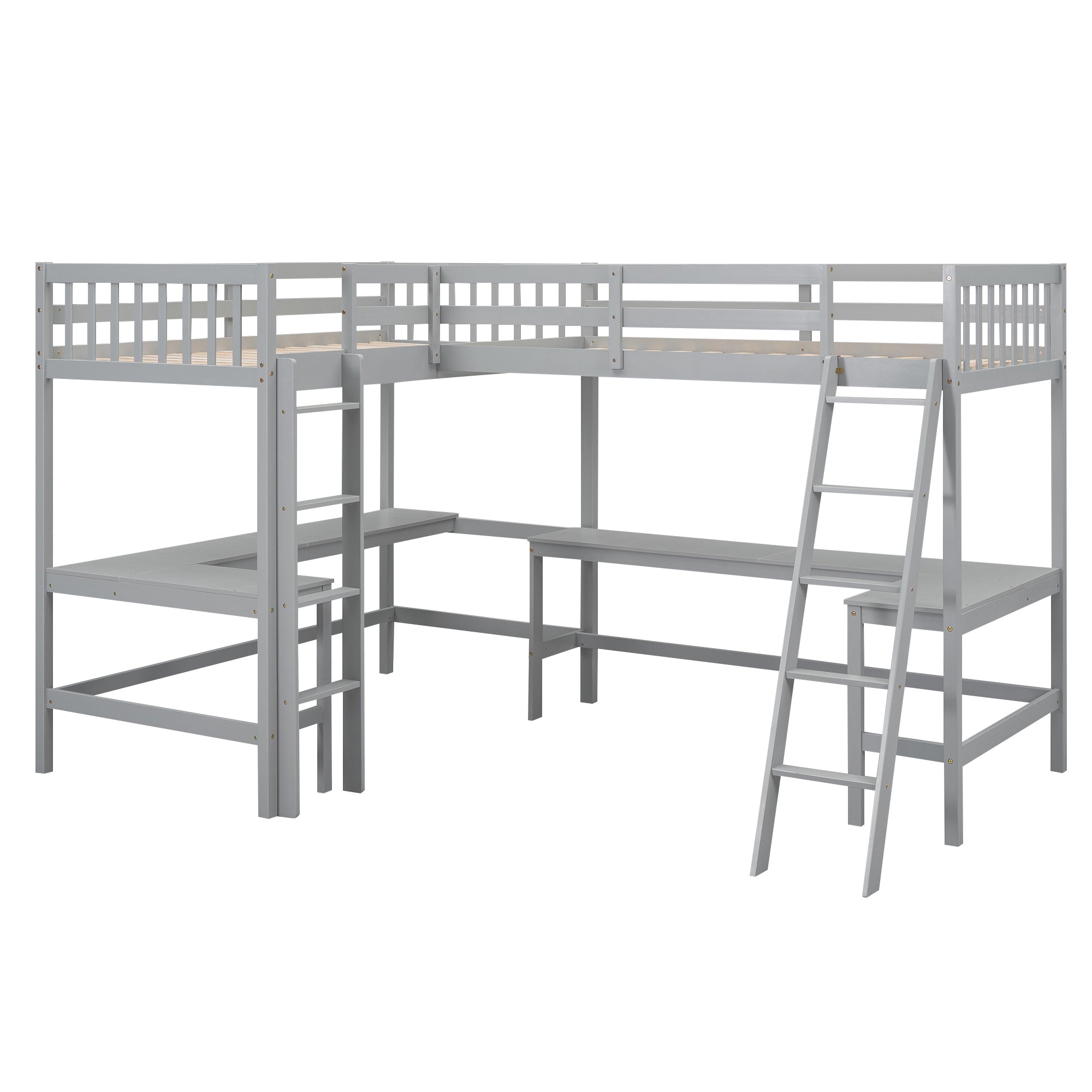Wood Twin Size L-Shaped Loft Bed with Ladder and 2 Built-in L-Shaped Desks, Gray - Atlantic Fine Furniture Melbourne FL