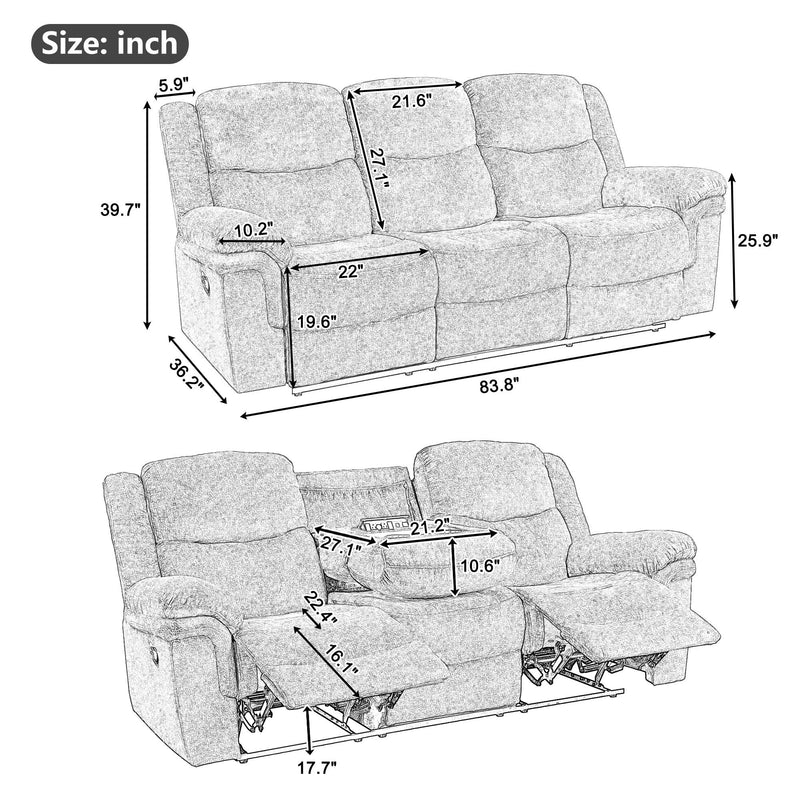 Home Theater Seating Manual Reclining Sofa With Cup Holder, 2 USB Ports, 2 Power Sockets For Living Room, Bedroom - Dark Blue