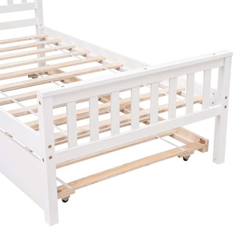 Twin Bed with Trundle, Platform Bed Frame with Headboard and Footboard, for Bedroom Small Living Space,No Box Spring Needed,White(New SKU:W504P148532)