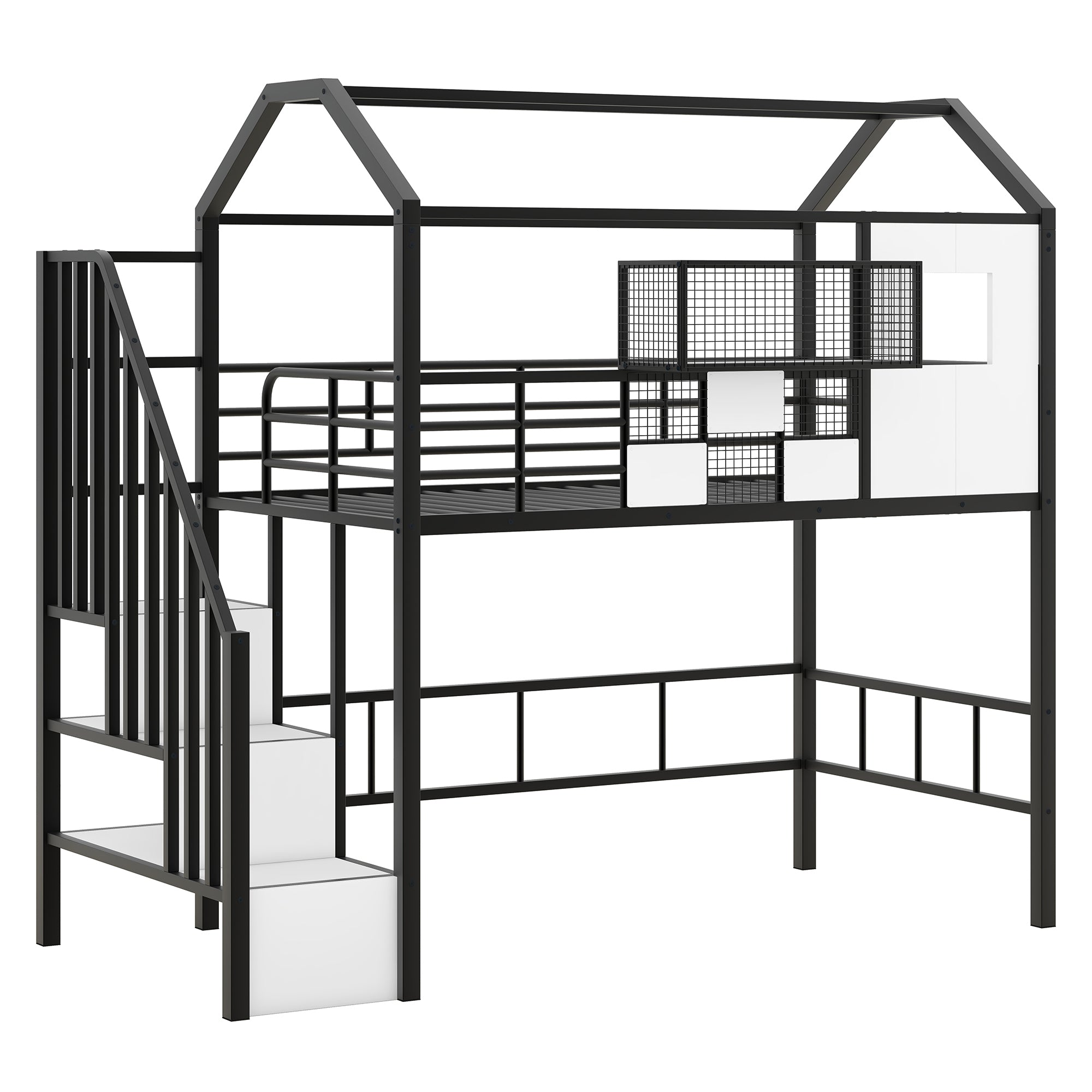 Metal Loft Bed with roof design and a storage box, Twin, Black - Atlantic Fine Furniture Melbourne FL