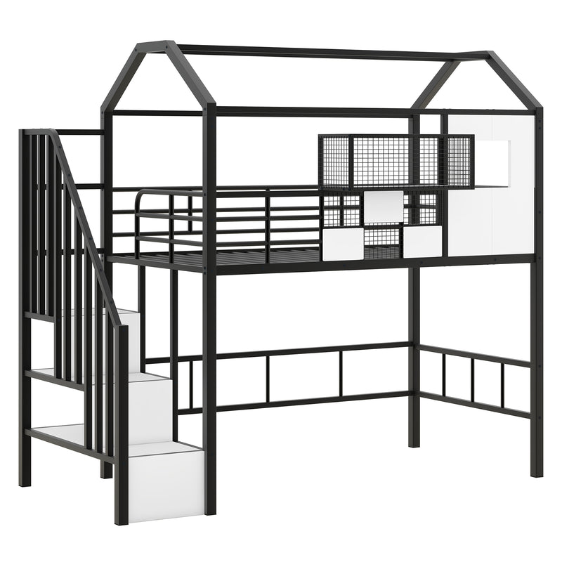 Metal Loft Bed with roof design and a storage box, Twin, Black