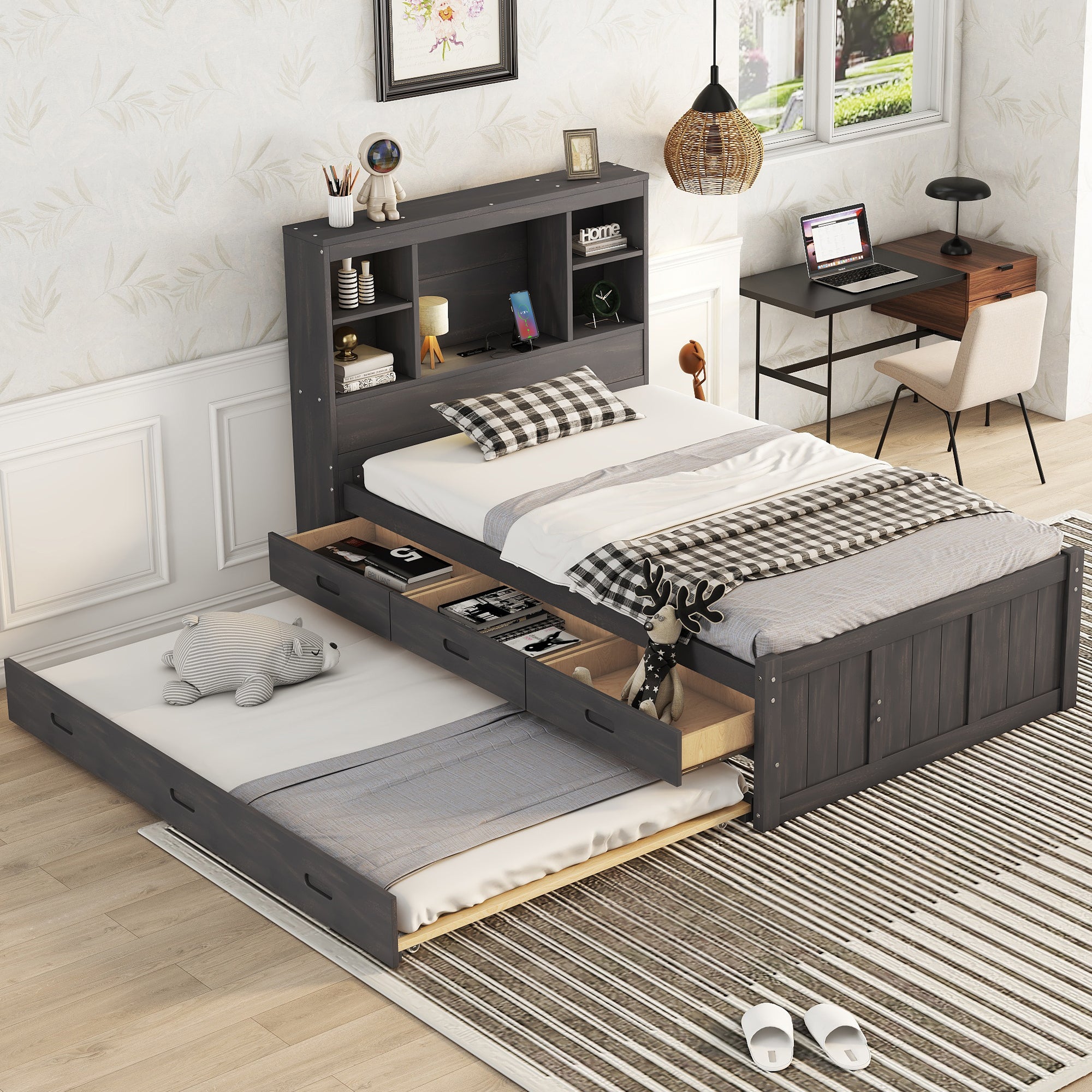 Twin Size Platform Bed with Storage Headboard, Charging Station, Twin Size Trundle and 3 Drawers, Antique Brown - Atlantic Fine Furniture Melbourne FL