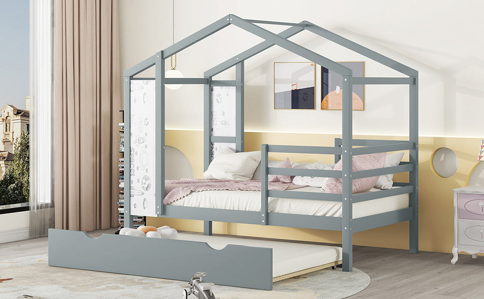 Twin Size Wood House Bed with Fence and Writing Board, Gray - Atlantic Fine Furniture Melbourne FL