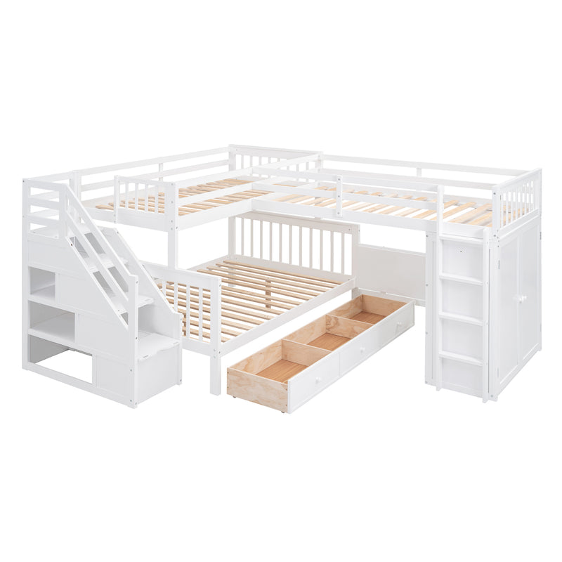 Twin-Twin over Full L-Shaped Bunk Bed With 3 Drawers, Portable Desk and Wardrobe, White