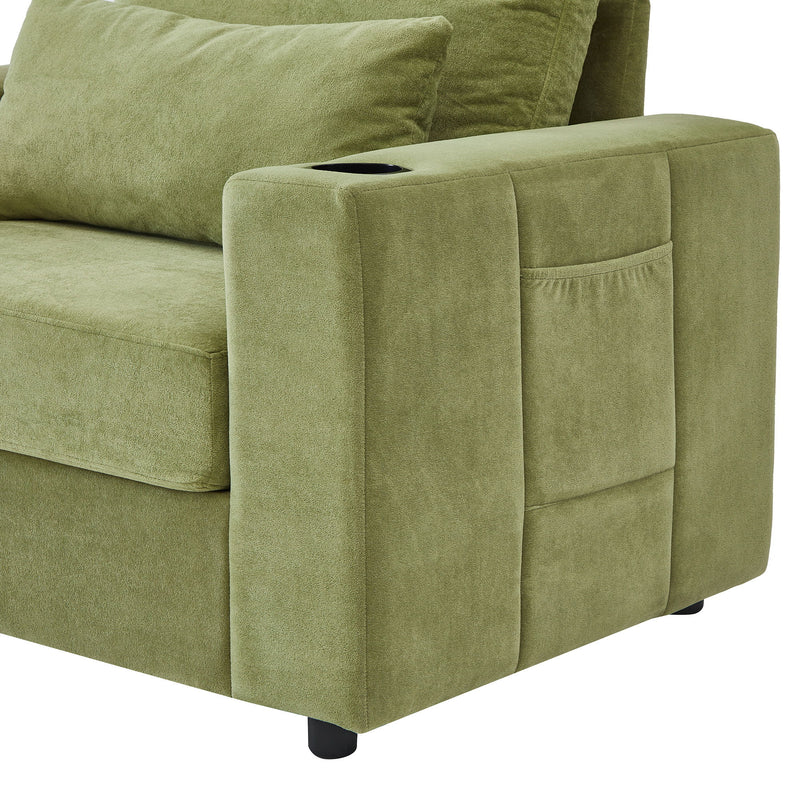 Modern Style Armchair Chaise Lounge Sofa Couch With Movable Storage Ottoman, USB Ports, Cup Holders, Phone Holder, Side Pockets