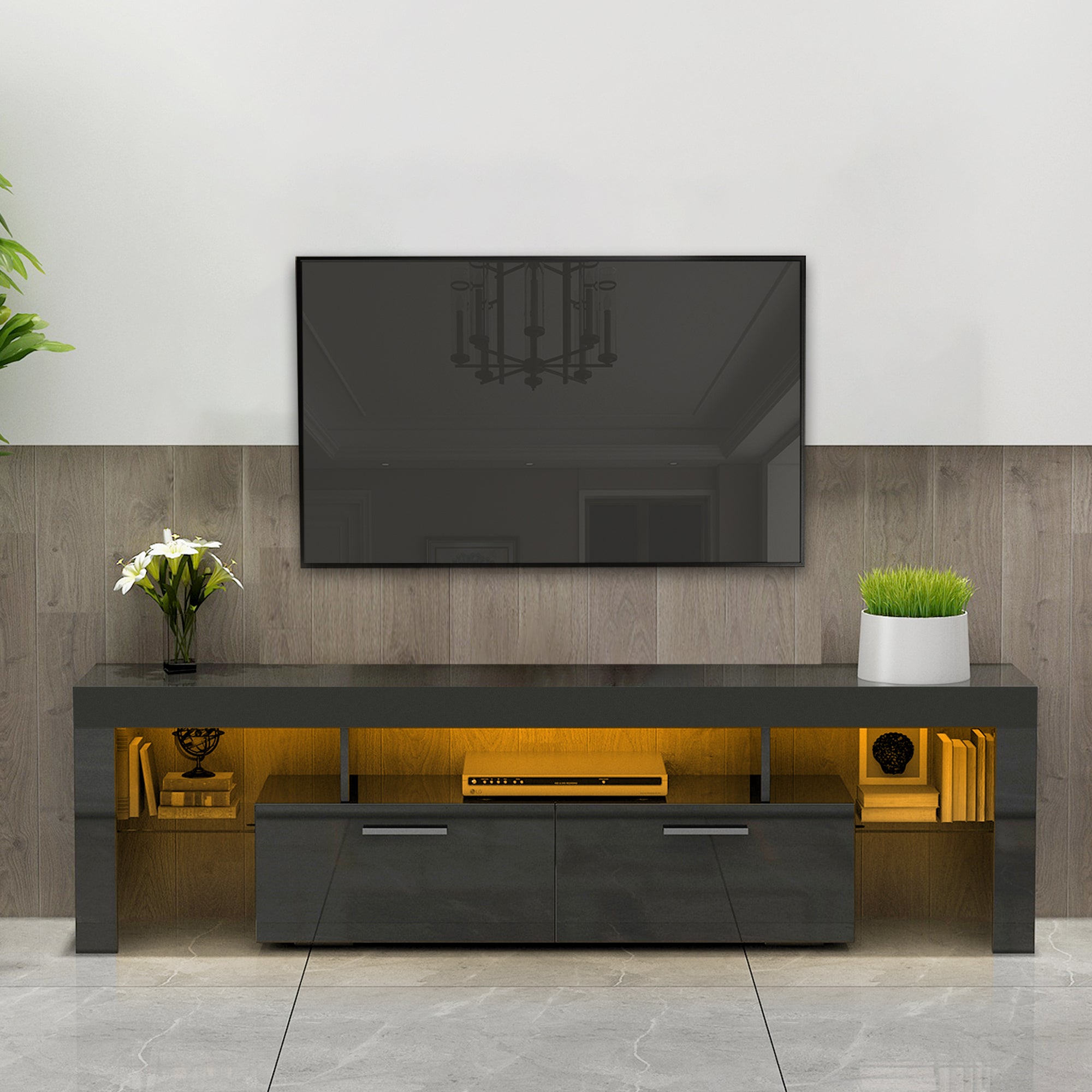 FashionTVstandTVcabinet,EntertainmentCenter,TVstationTV console,media console,with LEDlight belt,light belt remote control,toughenedglassshelf,metal handle,Canbeplaced in the living room,bedroom,black