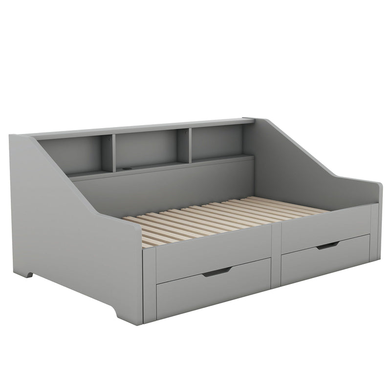 Daybed Frame With Storage Bookcases, 2 Drawers, Charging Station