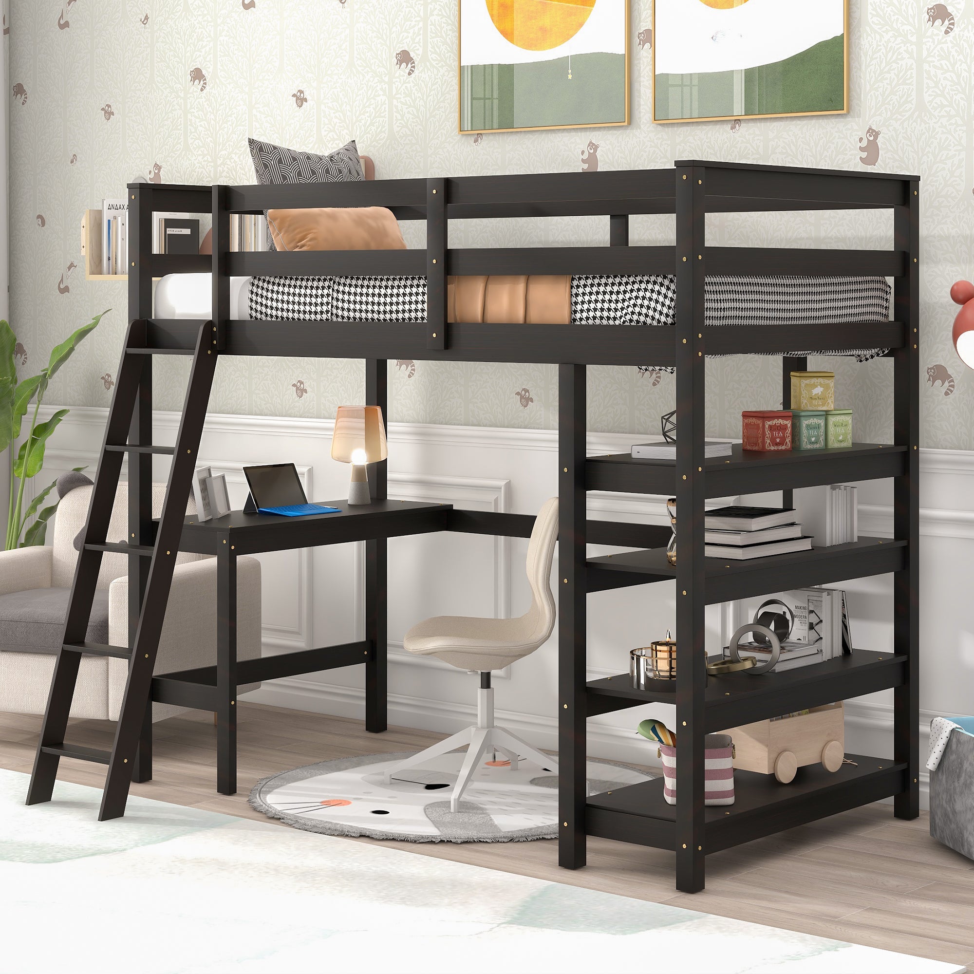 Twin Loft Bed with desk,ladder,shelves , Espresso - Atlantic Fine Furniture Melbourne FL