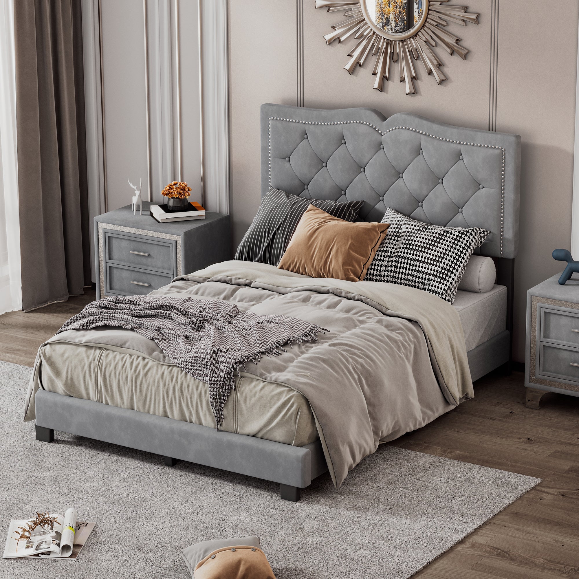 Full Size Upholstered Bed Frame with Rivet Design, Modern Velvet Platform Bed with Tufted Headboard,Gray - Atlantic Fine Furniture Melbourne FL