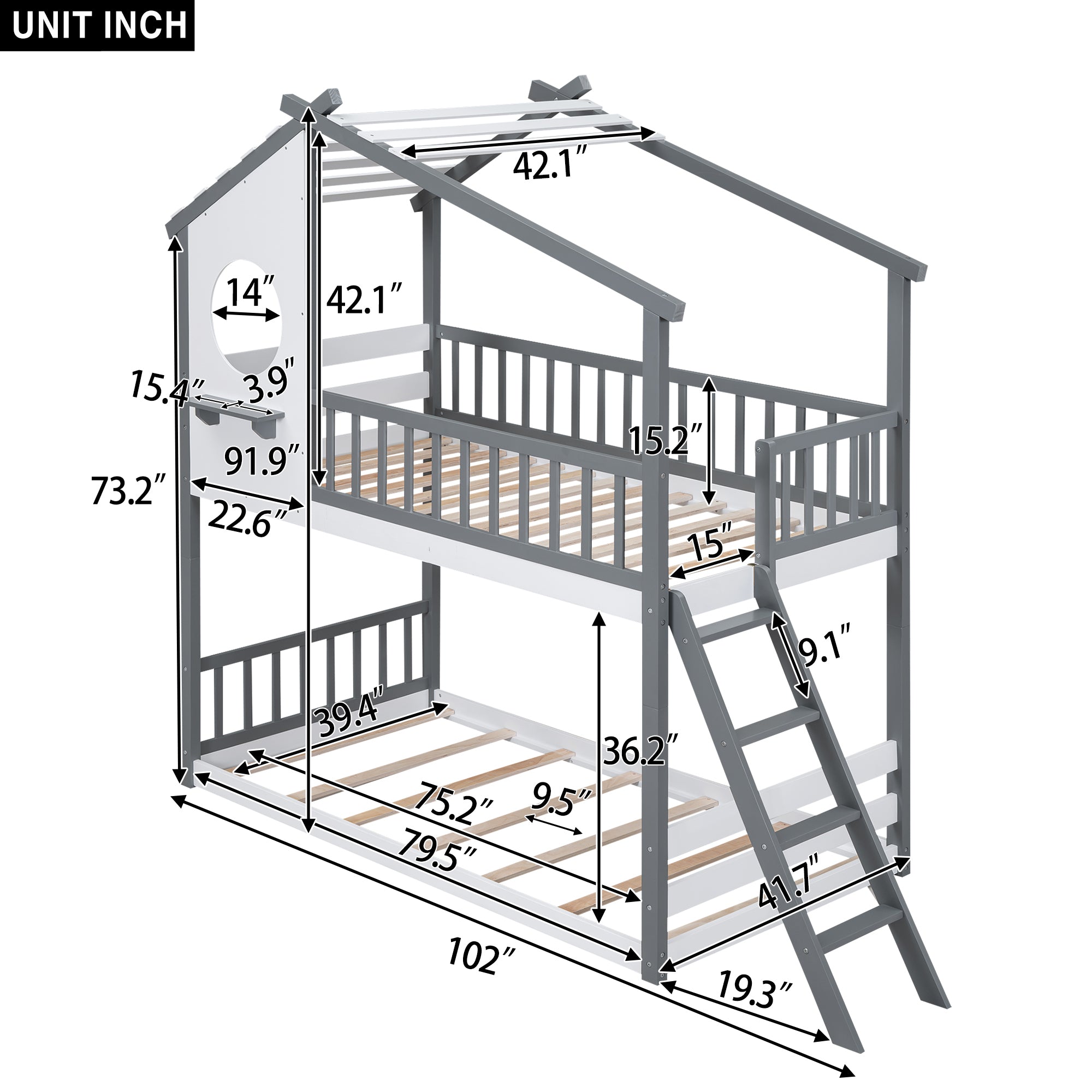 Twin Over Twin Bunk Bed Wood Bed with Roof, Window, Ladder,Gray(OLD SKU :LT100008AAE) - Atlantic Fine Furniture Melbourne FL