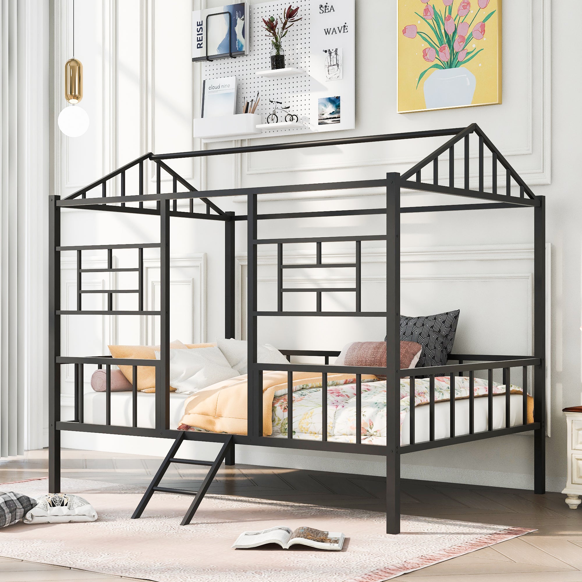 Metal House Bed Frame Full Size with Slatted Support No Box Spring Needed Black - Atlantic Fine Furniture Melbourne FL