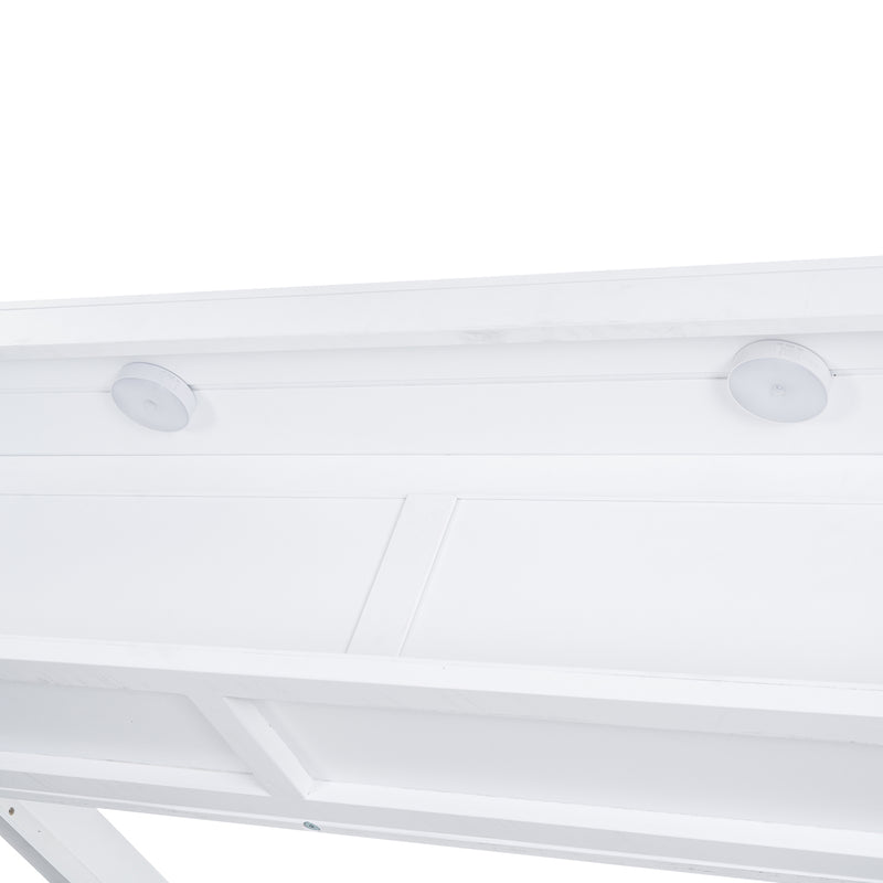 Full Size House Platform Bed with LED Lights and Storage, White