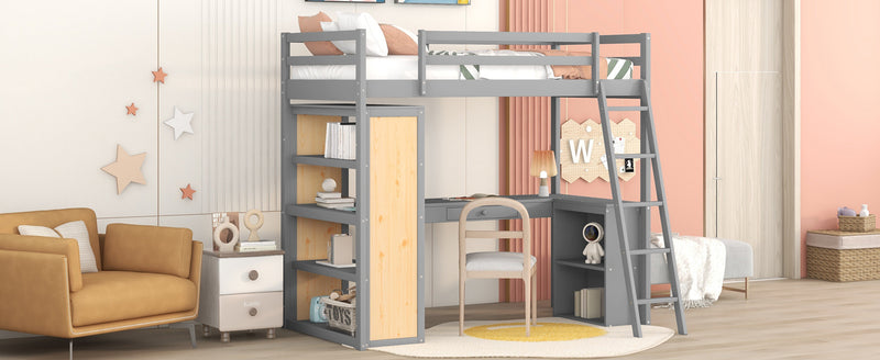 Twin Size Loft Bed with Ladder, Shelves, and Desk, Gray(LT000225AAE)