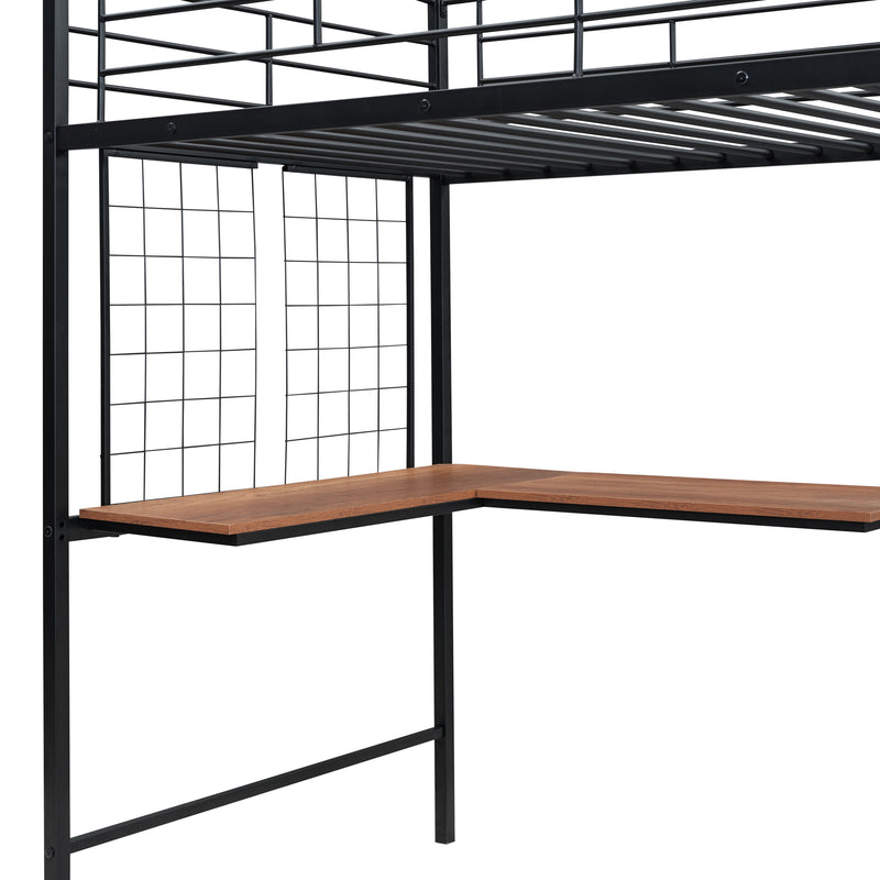 Twin Size Metal Loft Bed with Desk and Metal Grid, Stylish Metal Frame Bed with Lateral Storage Ladder and Wardrobe, Black