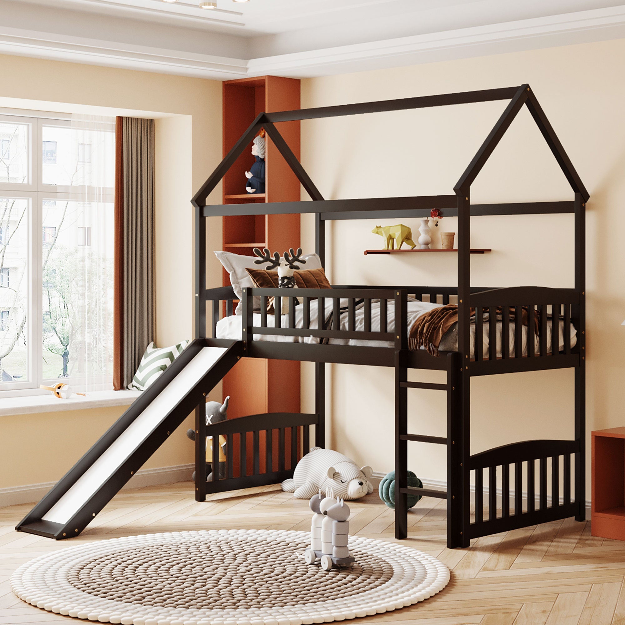 Twin Loft Bed with Slide, House Bed with Slide,Espresso(OLD SKU :LT000212AAP) - Atlantic Fine Furniture Melbourne FL