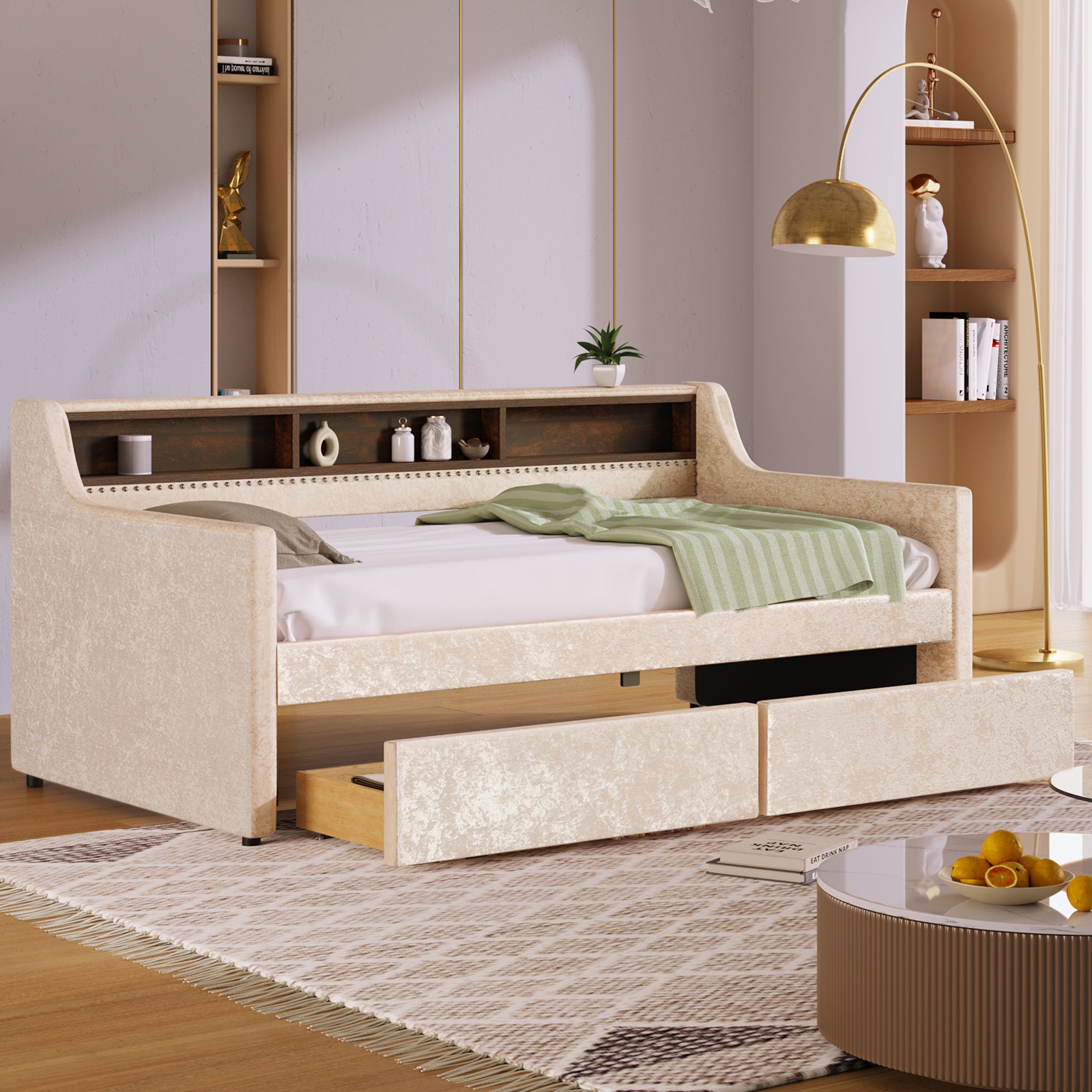 Twin Size Snowflake Velvet Daybed with Two Storage Drawers and Built-in Storage Shelves,Beige - Atlantic Fine Furniture Melbourne FL