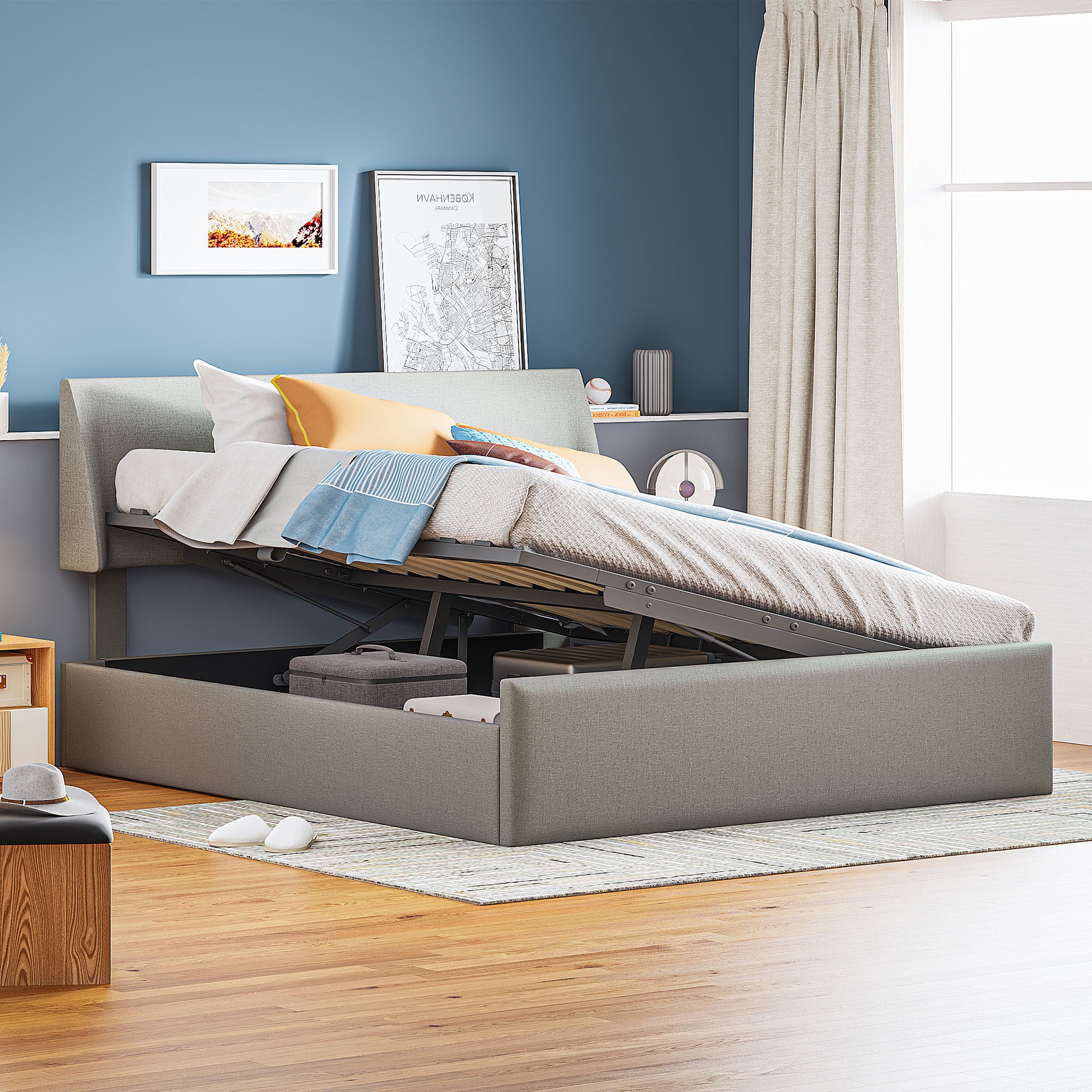 Queen Size Sleigh Bed with Side-Tilt Hydraulic Storage System, Linen Upholstery, Gray - Atlantic Fine Furniture Melbourne FL