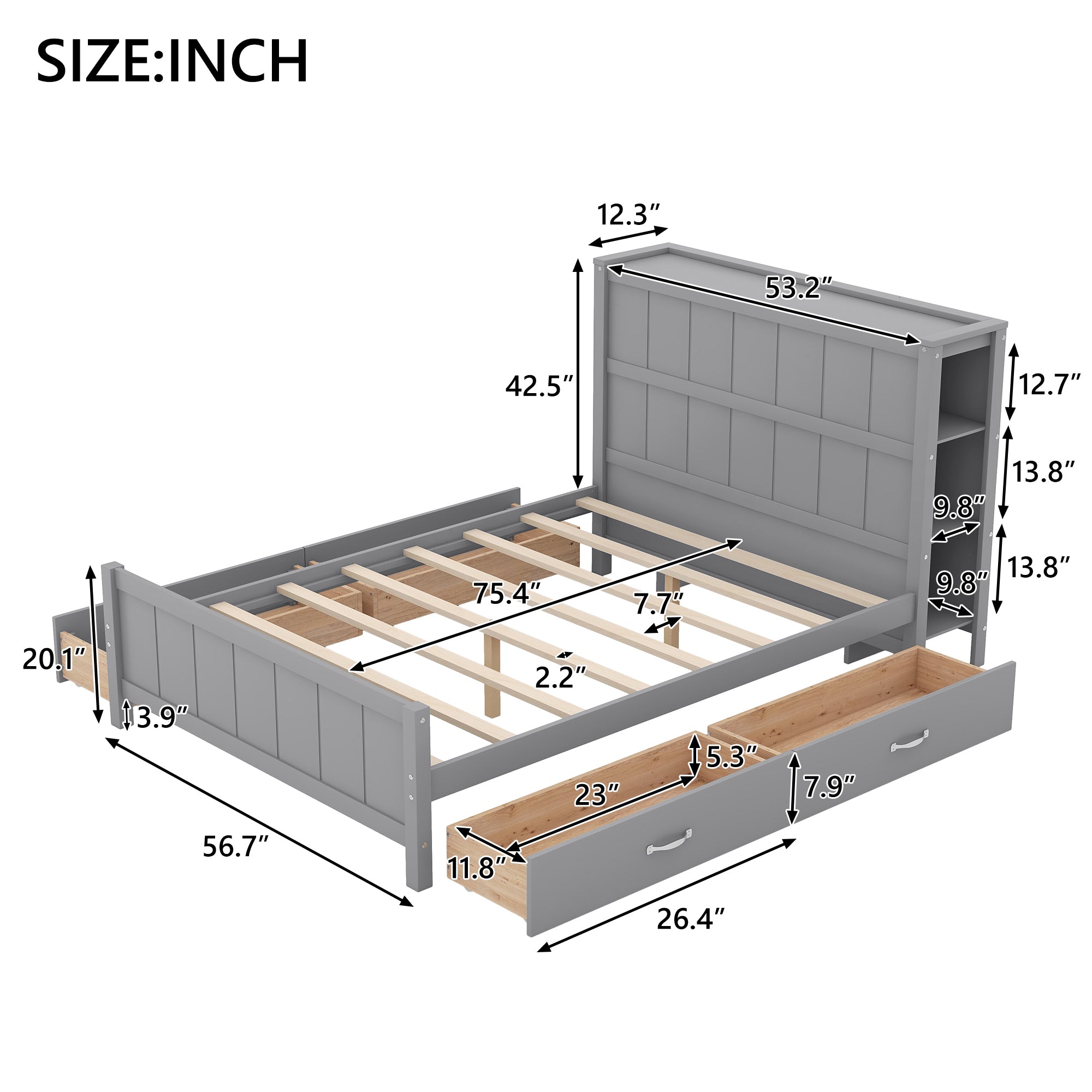 Full Size Platform Bed with Drawers and Storage Shelves, Gray - Atlantic Fine Furniture Melbourne FL