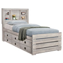 Farmhouse Style Twin Size Bookcase Captain Bed with Three Drawers and Trundle, Rustic White
