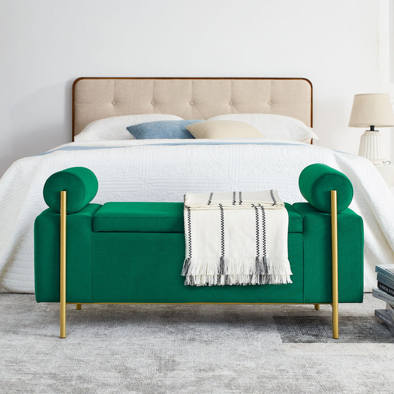 Elegant Upholstered Linen Storage Bench With Cylindrical Arms And Iron Legs, White