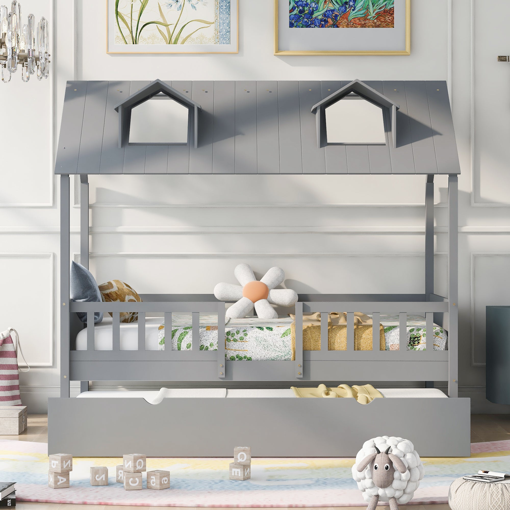Twin Size House Bed Wood Bed with Twin Size Trundle ( Gray ) - Atlantic Fine Furniture Melbourne FL
