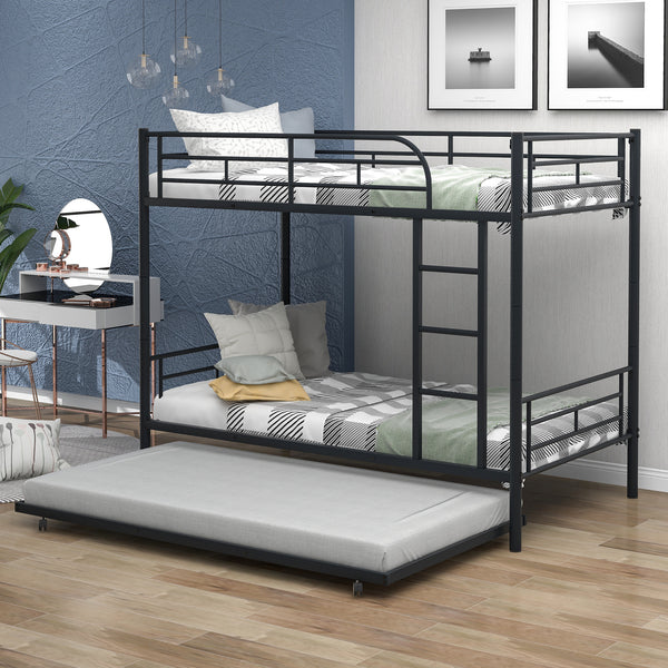 Twin-Over-Twin Metal Bunk Bed With Trundle,Can be Divided into two beds,No Box Spring needed ,Black ( old sku: MF194806AAB )