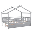 Full Size Wooden House Bed with Twin Size Trundle, Gray