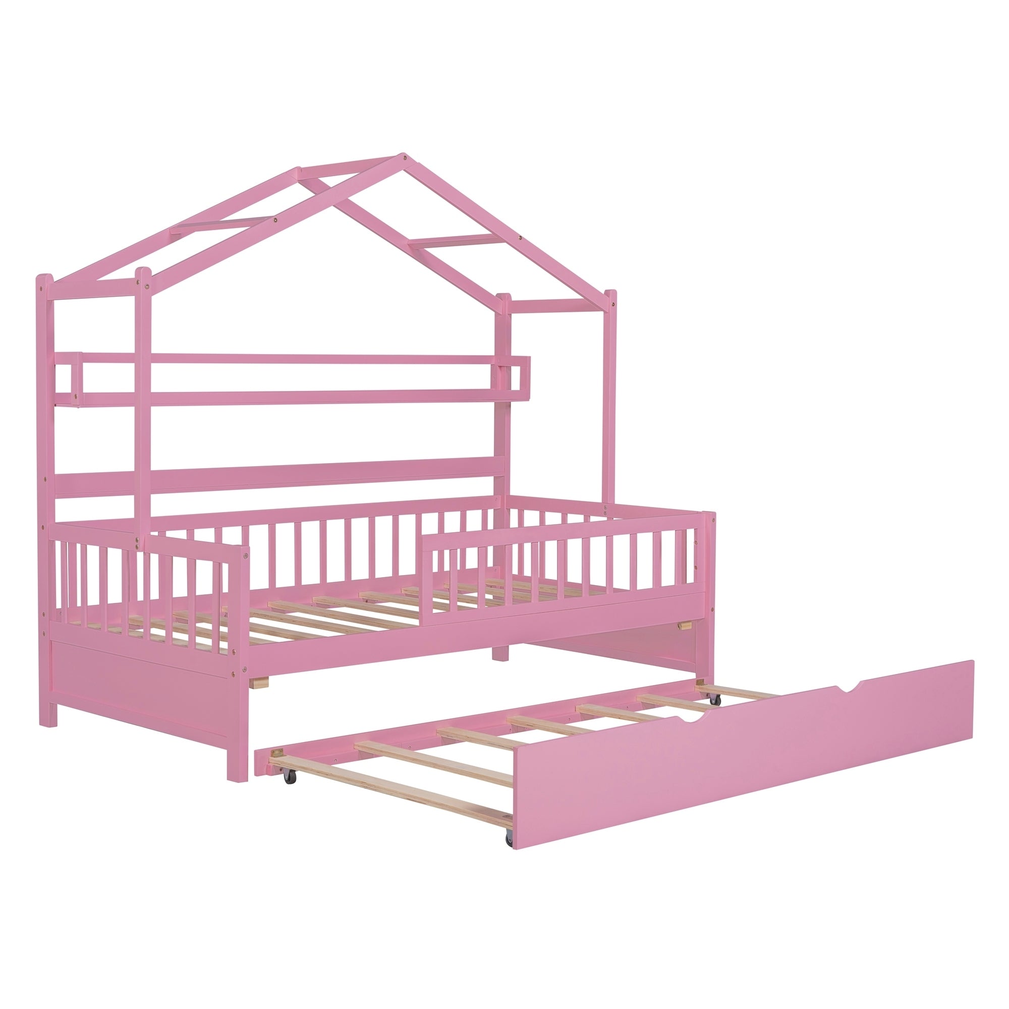 Wooden Twin Size House Bed with Trundle,Kids Bed with Shelf, Pink - Atlantic Fine Furniture Melbourne FL