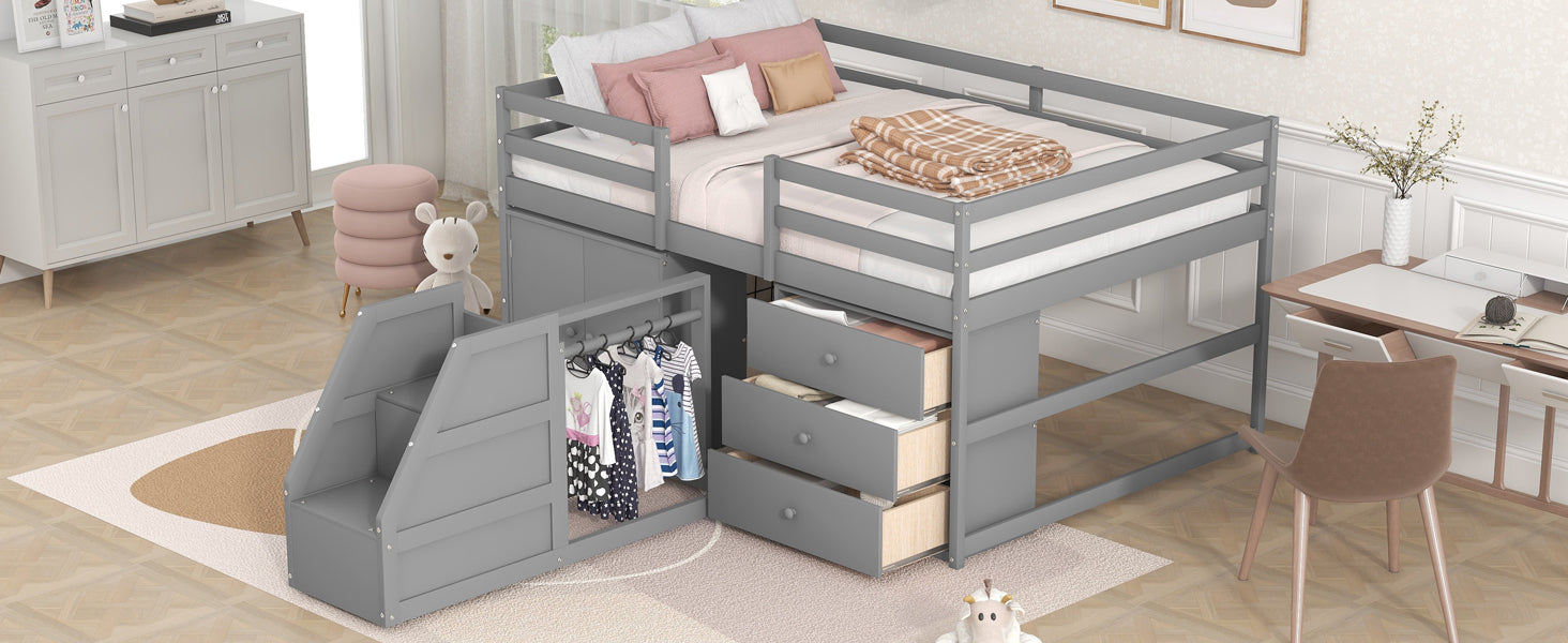 Full Size Functional Loft Bed with Cabinets and Drawers, Hanging Clothes at the back of the Staircase, Gray - Atlantic Fine Furniture Melbourne FL