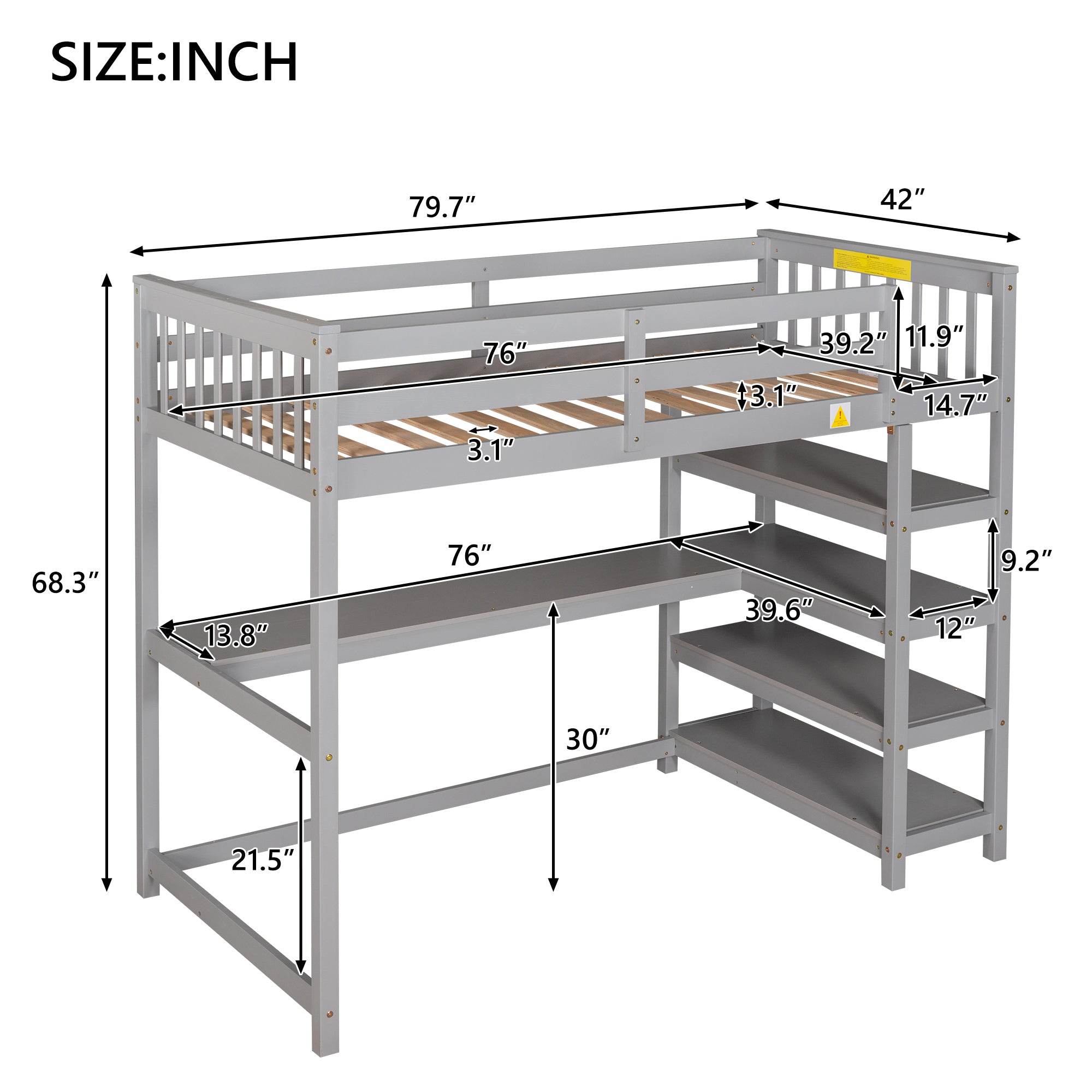 Twin Size Loft Bed with Storage Shelves and Under-bed Desk, Gray(OLD SKU:SM000245AAE-1) - Atlantic Fine Furniture Melbourne FL