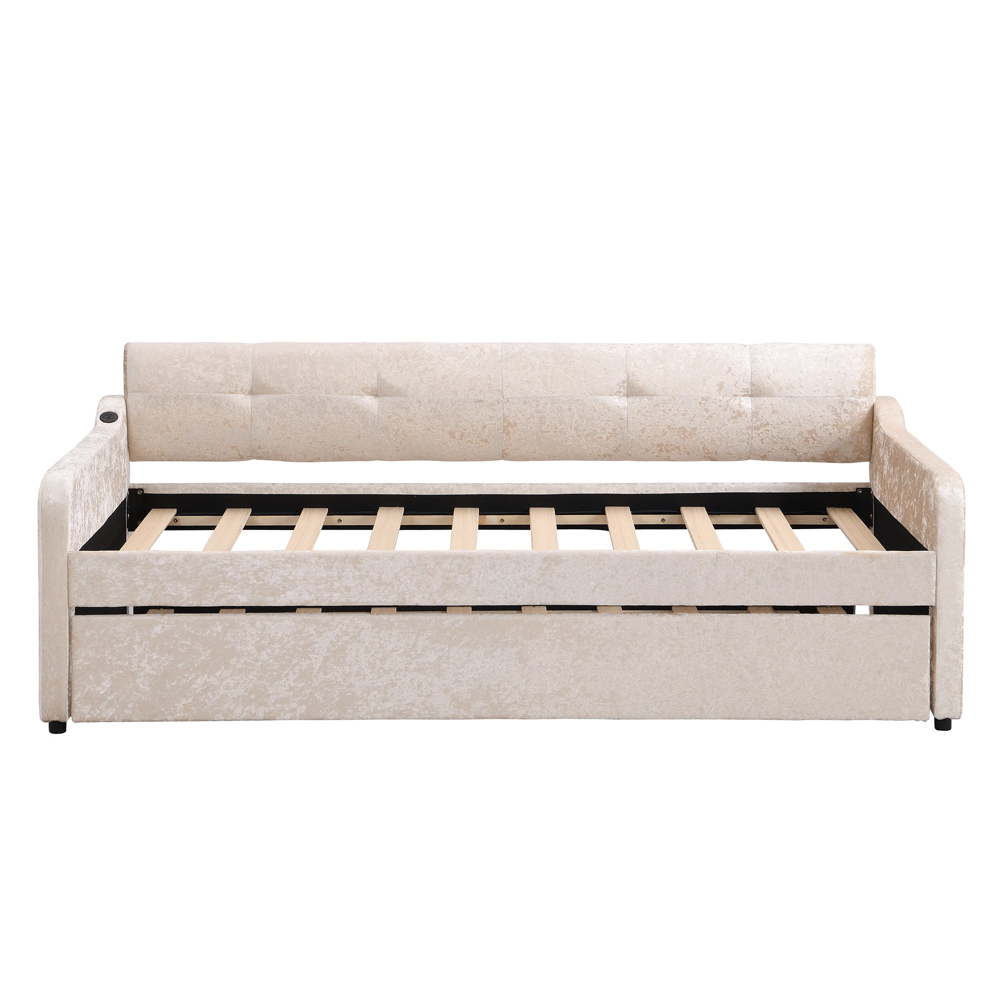 Twin Size Snowflake Velvet Daybed with Trundle and USB Charging Design,Beige - Atlantic Fine Furniture Melbourne FL