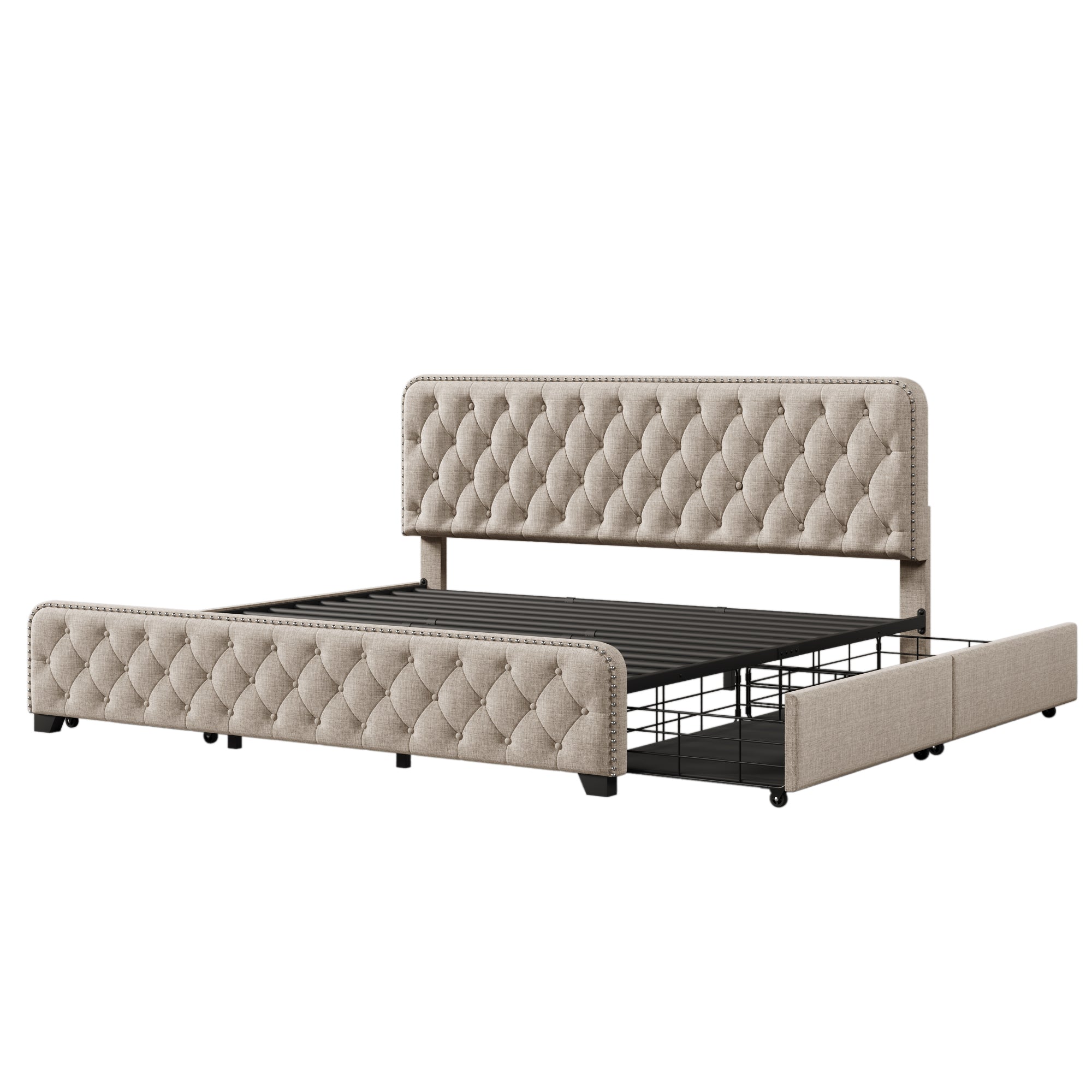 Upholstered Platform Bed Frame with Four Drawers, Button Tufted Headboard and Footboard Sturdy Metal Support, No Box Spring Required, Beige, King (Old sku:BS300277AAA) - Atlantic Fine Furniture Melbourne FL