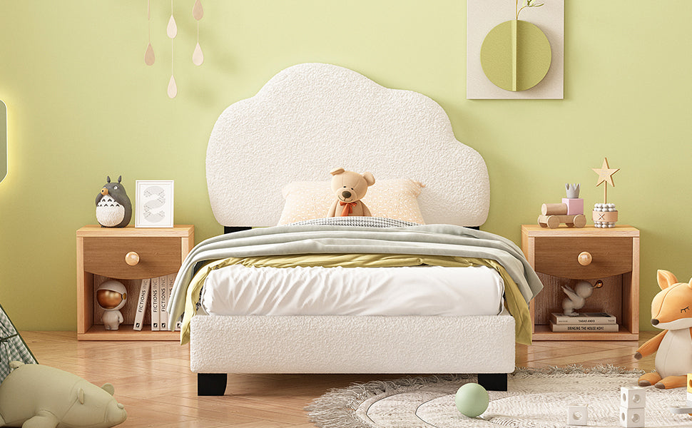 Twin Size Upholstered Boucle Fabric Platform Bed with Cloud-Shaped Headboard - Atlantic Fine Furniture Melbourne FL