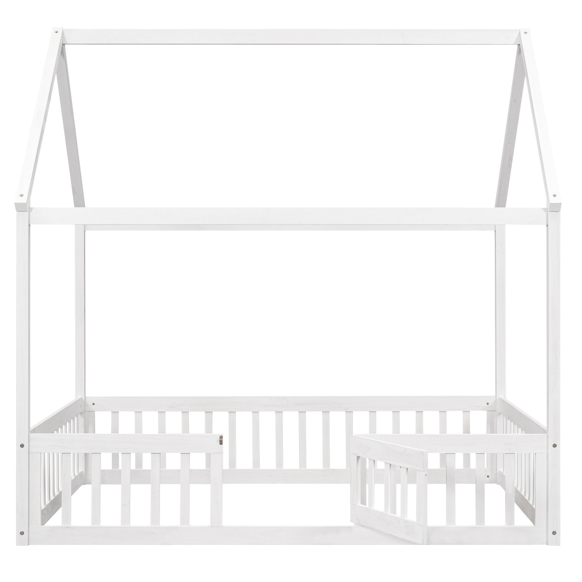 Full Size Wood House Bed with Fence and Door, White Wash