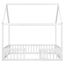 Full Size Wood House Bed with Fence and Door, White Wash