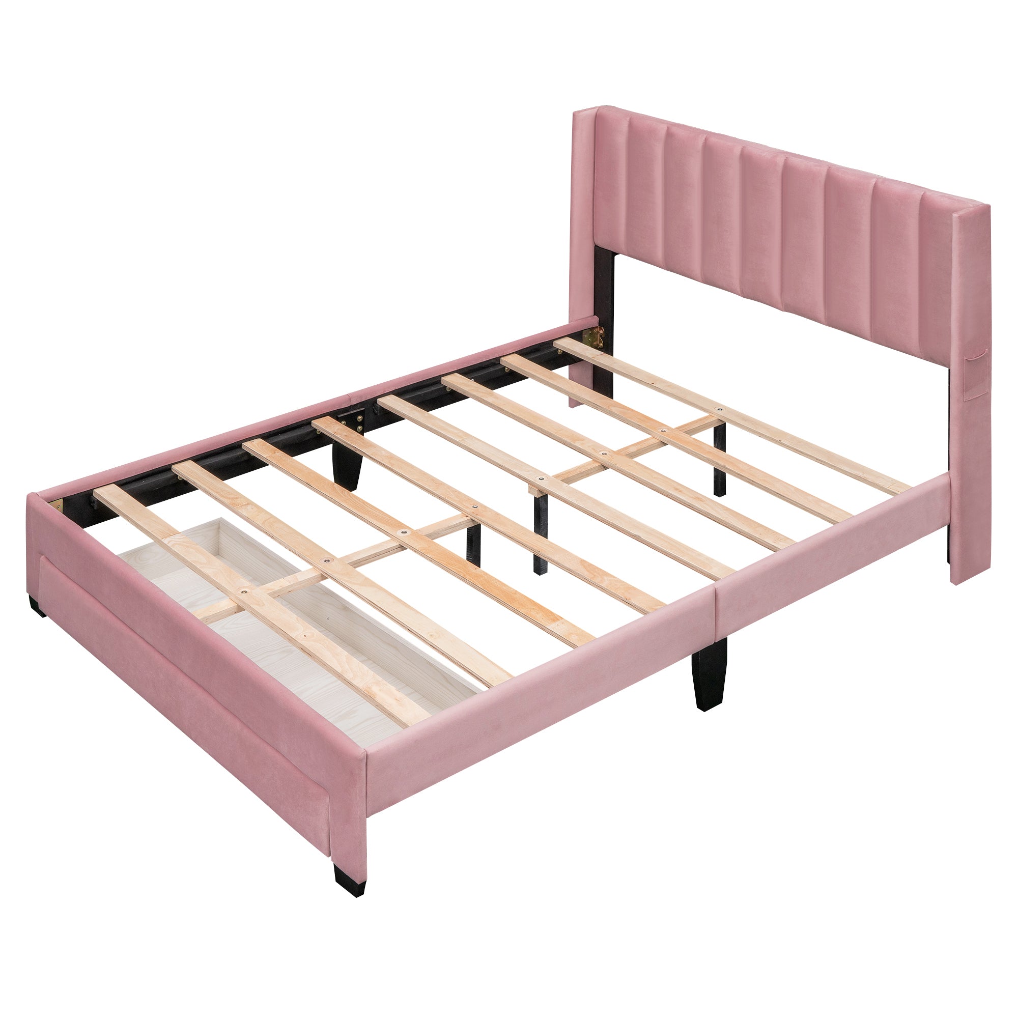 Queen Size Storage Bed Velvet Upholstered Platform Bed with a Big Drawer - Pink - Atlantic Fine Furniture Melbourne FL