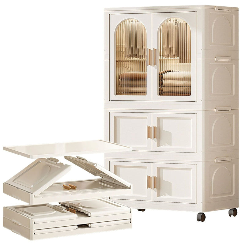 Side Wide Folding Wardrobe, With Magnetic Door, Plastic Storage Cabinet With Wheels (1 Layer Of Wardrobe + 2 Layers Of Folding Boxes + 10 Hangers) - Cream White