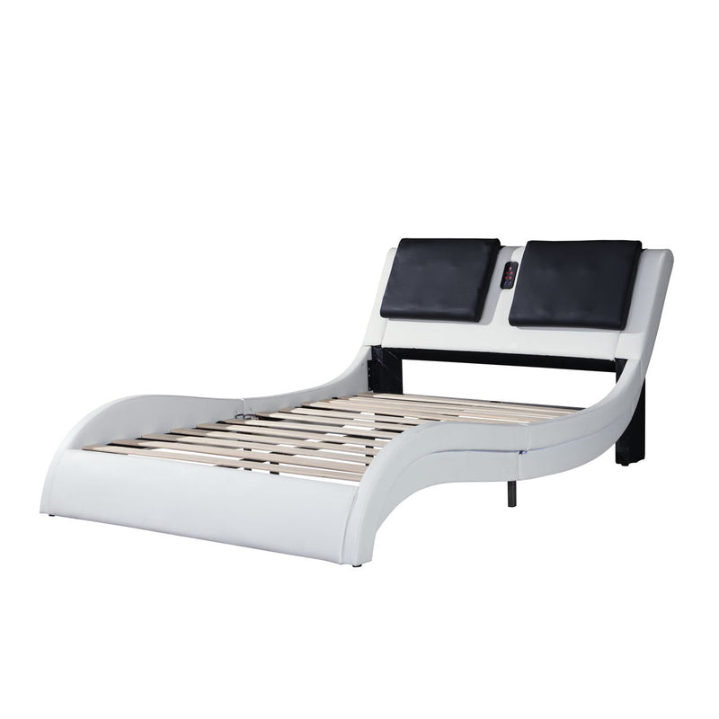 Upholstered Platform Bed Frame With LED Lighting, Bluetooth Connection To Play Music Control, Backrest Vibration Massage, Curve Design, Wood Slat Support, Exhibited Speakers