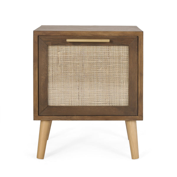 Contemporary End Table With Rattan - Walnut