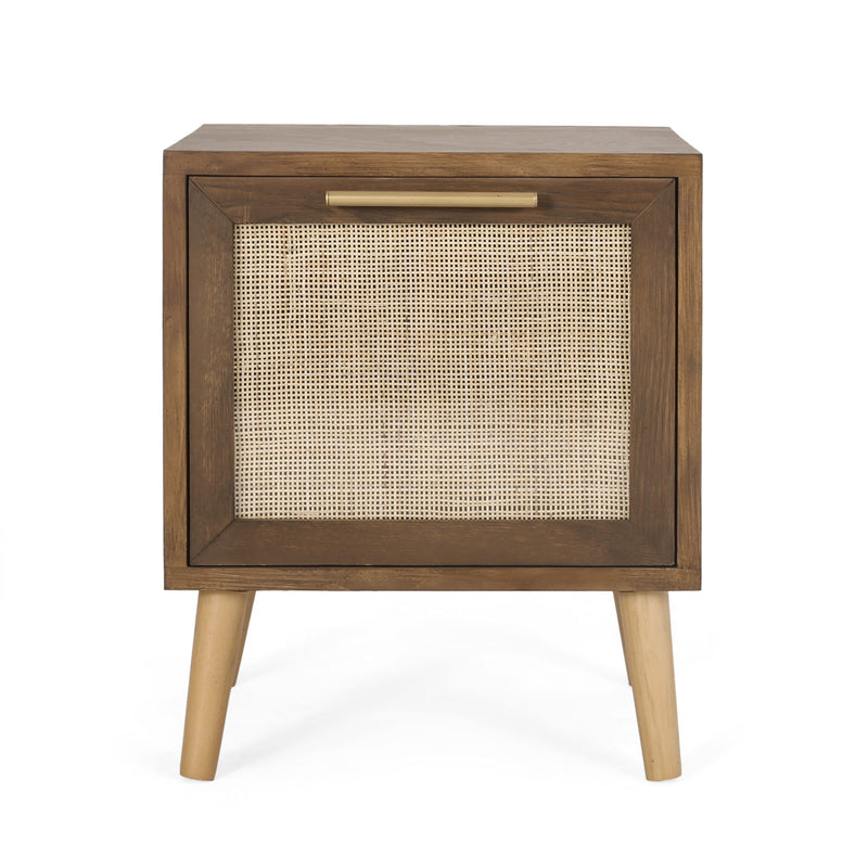 Contemporary End Table With Rattan - Walnut