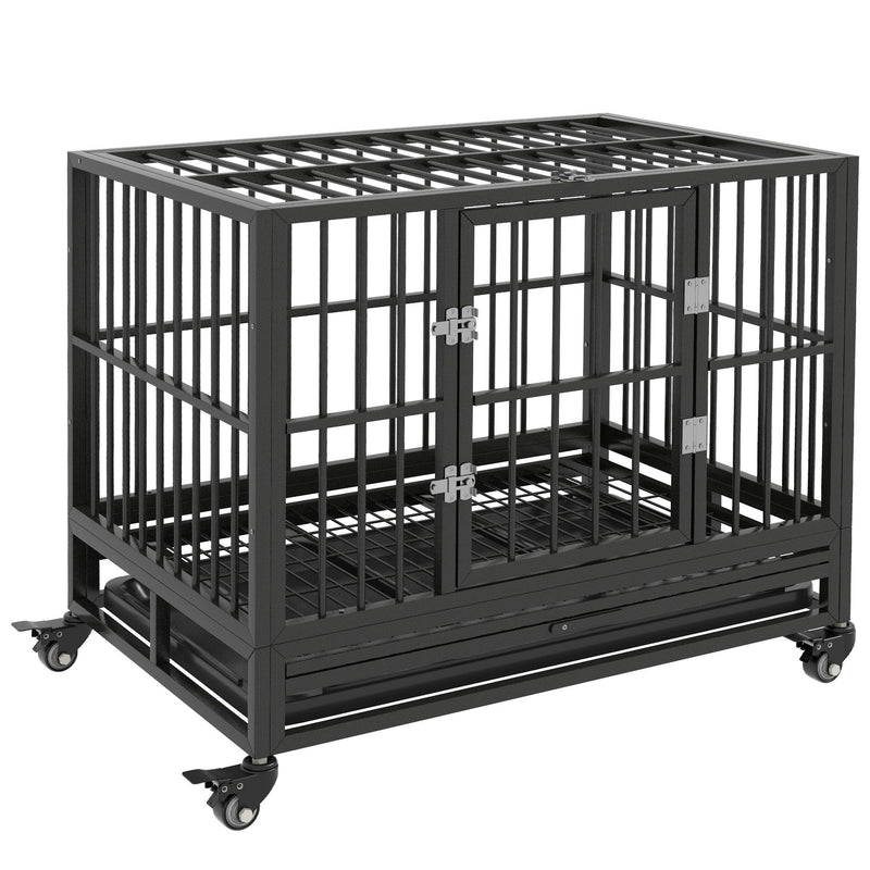 Pawhut - 36" Heavy Duty Dog Crate Metal Cage Kennel With Lockable Wheels, Double Door And Removable Tray - Gray